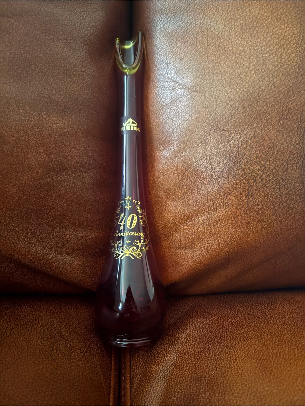 Amberina Viking Glass Bud Vase with Gold 40th Anniversary Writing